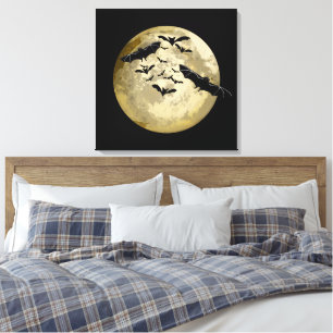Halloween Oogst Volle Maan en Nachtvlucht Vleermui Canvas Afdruk