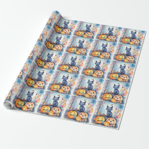 Halloween Oosterse Blauwe Kat Met Pompoenen Grieze Cadeaupapier