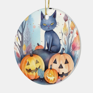 Halloween Oosterse Blauwe Kat Met Pompoenen Grieze Keramisch Ornament