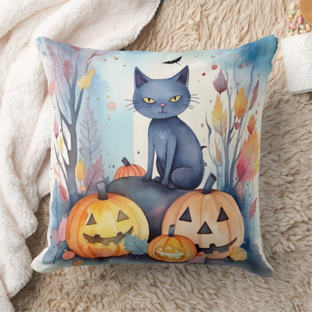 Halloween Oosterse Blauwe Kat Met Pompoenen Grieze Kussen (Deken)
