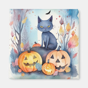 Halloween Oosterse Blauwe Kat Met Pompoenen Grieze Magneet