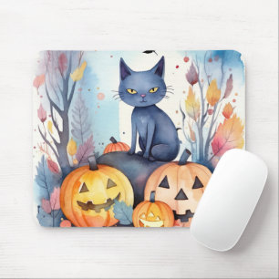 Halloween Oosterse Blauwe Kat Met Pompoenen Grieze Muismat