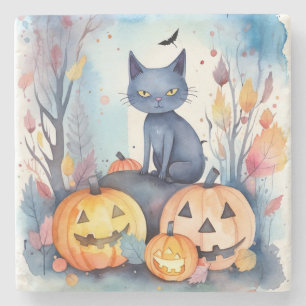 Halloween Oosterse Blauwe Kat Met Pompoenen Grieze Stenen Onderzetter