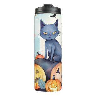 Halloween Oosterse Blauwe Kat Met Pompoenen Grieze Thermosbeker