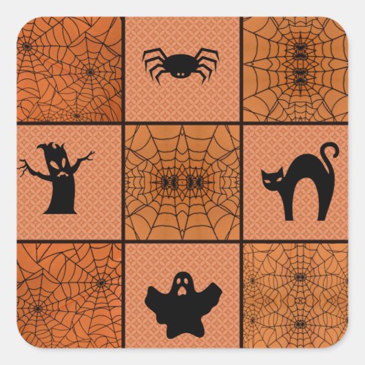 Halloween Oranje Black Spooky Spider Web Collage Vierkante Sticker (Voorkant)