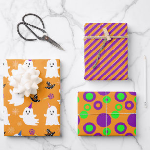 Halloween Oranje Ghost Cute Stripes Stippen Kind Inpakpapier Vel
