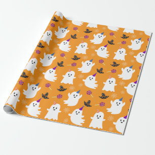 Halloween Oranje Kawaii Ghost Wrapping Paper Cadeaupapier