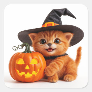 Halloween Oranje Kitten Jack O Lantern Pompoen 🦇 Vierkante Sticker