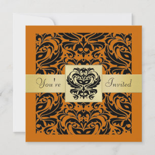 Halloween Oranje Masker Black Damask Uitnodiging