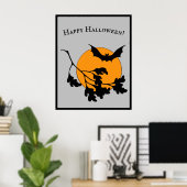 Halloween Oranje Moon Flying Bats Poster (Thuiskantoor)