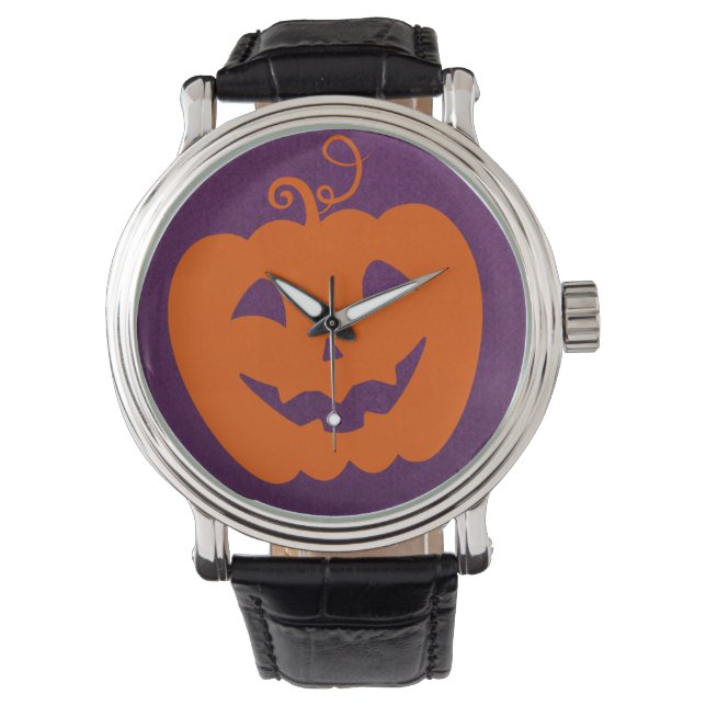 Halloween Oranje pompoen op Paarse achtergrond Horloge (Voorkant)