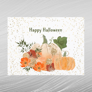 Halloween Oranje Pumpkins Gold Confetti Flowers Feestdagenkaart