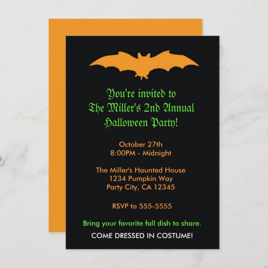 Halloween Oranje vleermuis op Black Party Invitati Kaart (Voorkant / Achterkant)