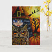 Halloween Owl Witch Kaart (Gele Bloem)