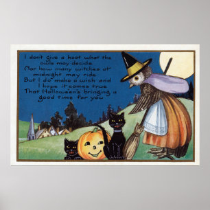 Halloween owl witje zwarte katten vintage poster