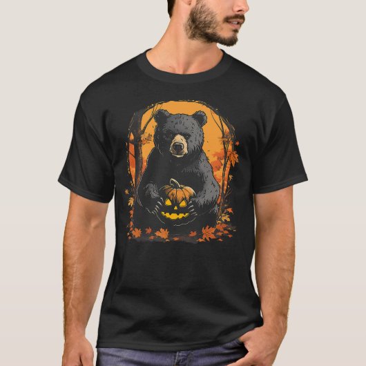 Halloween Panda Bear Forest Autumn Leaves Pumpkin T-shirt (Voorkant)