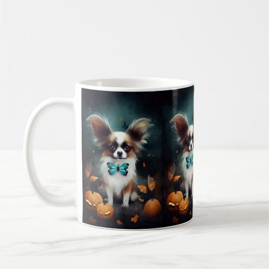 Halloween Papillon met pompoenen eng Koffiemok (Links)