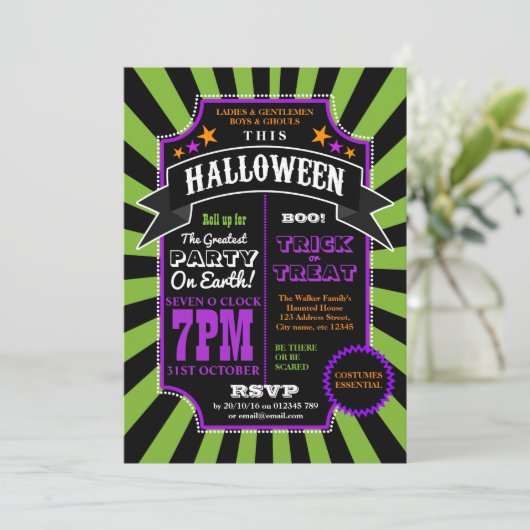 Halloween Party Black and Green Carnival-uitnodigi Kaart (Staand voorkant)