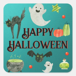 Halloween Party Blauwgroen en Groen Vierkante Sticker