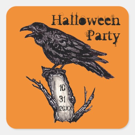 Halloween Party Datum Sinaasappel Gotische Raven C Vierkante Sticker (Voorkant)