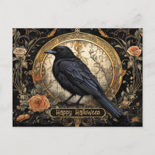 Halloween Party Evil Black Crow Oranje Bloemen Briefkaart
