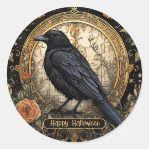 Halloween Party Evil Black Crow Oranje Bloemen Ronde Sticker
