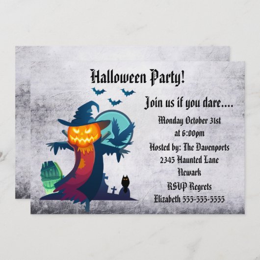 Halloween Party Haunted Scarecrow Invitation Kaart (Voorkant / Achterkant)