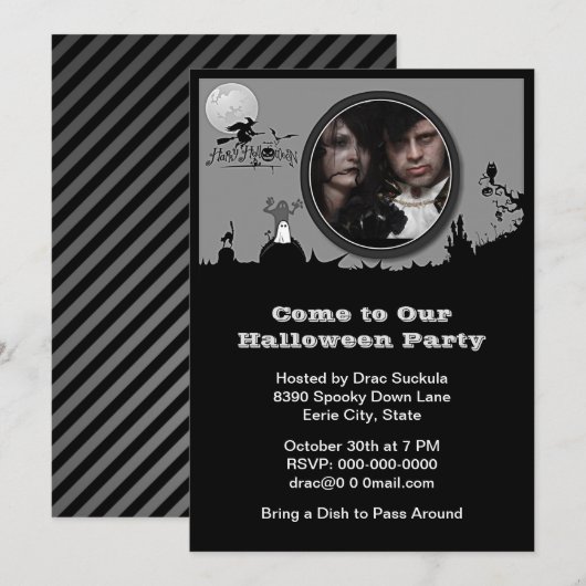 Halloween Party, Heks, Ghost, Cat, B&W Foto toevoe Kaart (Voorkant / Achterkant)