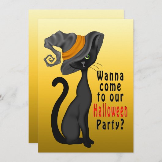 HALLOWEEN PARTY INVITATION - CHAT NOIR - CUTE (Devant / Derrière)