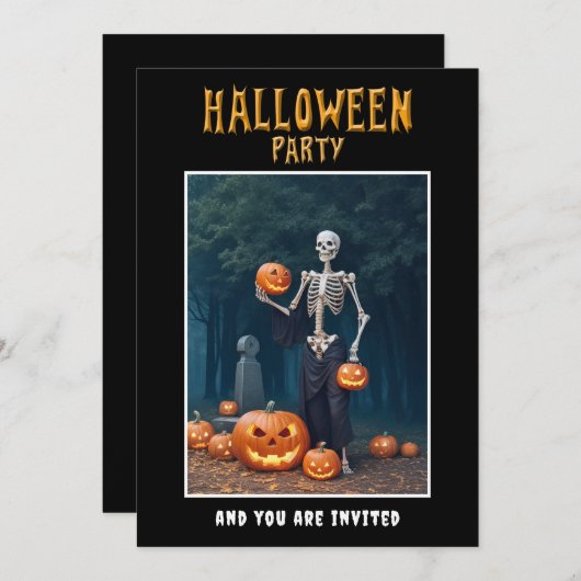 Halloween Party invitation Skeleton among Pumpkins (Devant / Derrière)