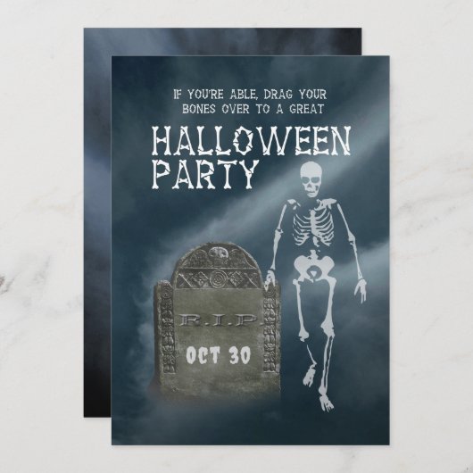 Halloween Party invitation Skeleton and Tombstone (Devant / Derrière)