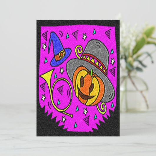 Halloween Party Jack O'Lantern en Bugle Paarse Kaart (Staand voorkant)