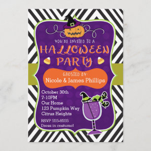 Halloween Party Modern Stripe Whimsical Invitation Kaart