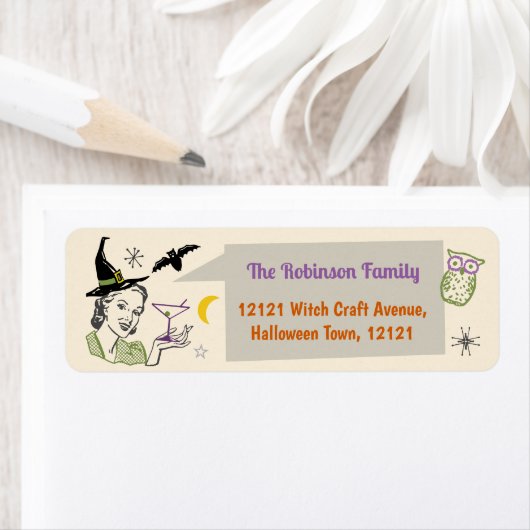 Halloween Party Retro Witch Custom Name Address Etiket (Insitu)