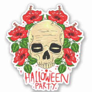 Halloween Party Skull Blood Red Flowers Kiss-Cut Sticker