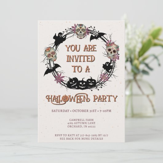 Halloween Party Sugar Skull Krans Kaart (Staand voorkant)