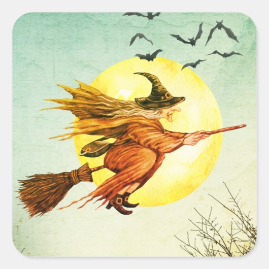 Halloween Party Witch op Broomstick Full Moon Vierkante Sticker (Voorkant)