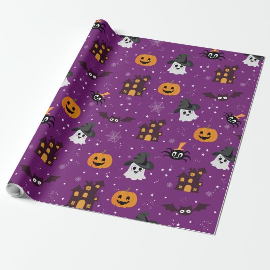 Halloween Pattern Paars Cadeaupapier (Uitgerold)