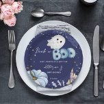 Halloween Peek a boo baby shower vaisselle<br><div class="desc">Petit boo Halloween regarder un boo baby shower de vaisselle assiettes personnalisées en papier. Un bébé fantôme citrouille mignon chandelles d'aquarelle sur une nuit étoilée sombre arrière - plan pour le baby shower à thème Halloween.</div>
