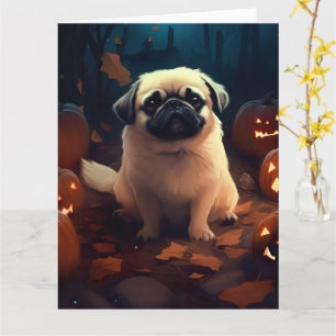 Halloween Pekingese with Pumpkins Scary Kaart