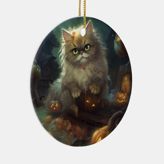 Halloween Persian Kat met pompoenen eng Keramisch Ornament (Rechts)