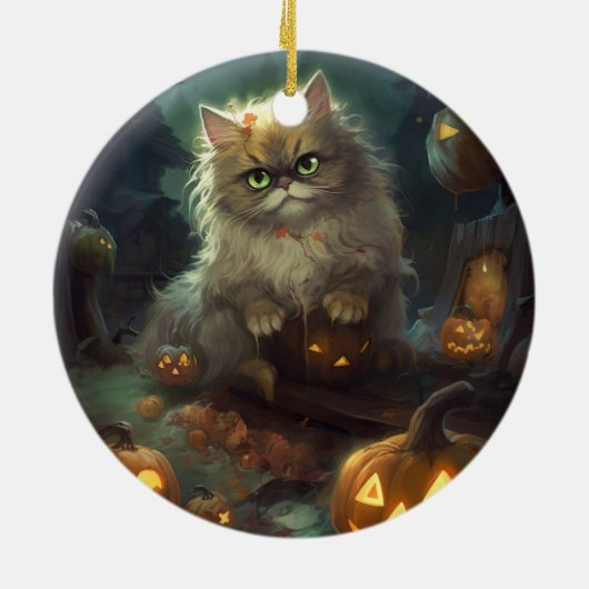 Halloween Persian Kat met pompoenen eng Keramisch Ornament (Achterkant)