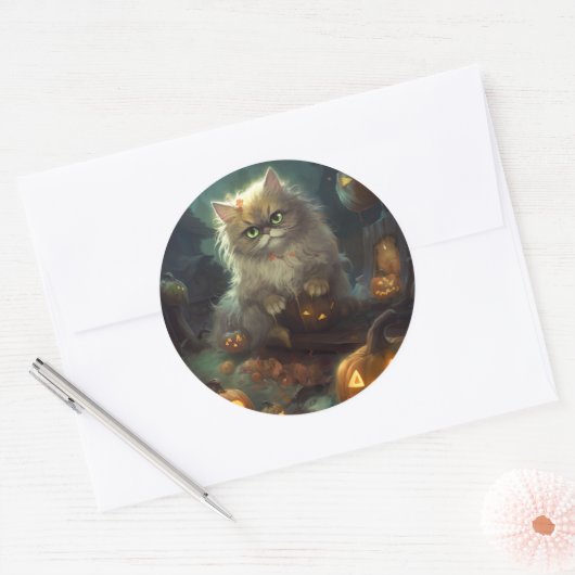 Halloween Persian Kat met pompoenen eng Ronde Sticker (Envelop)