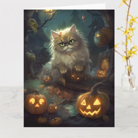 Halloween Perzische Kat Met Pompoenen Griezelen Kaart (Gele Bloem)
