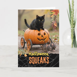 Halloween Piept Zwarte Kat die op Jack o Lantern r Kaart