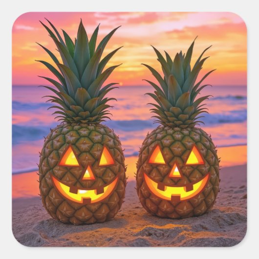 Halloween Pineapple Jack-o-lanterns On a Beach Vierkante Sticker (Voorkant)