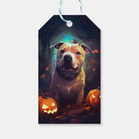 Halloween Pitbull met pompoenen eng Cadeaulabel (Achterkant)