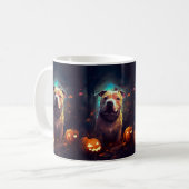 Halloween Pitbull met pompoenen eng Koffiemok (Voorkant links)