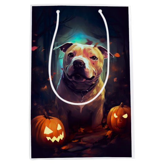 Halloween Pitbull met pompoenen eng Medium Cadeauzakje (Voorkant)