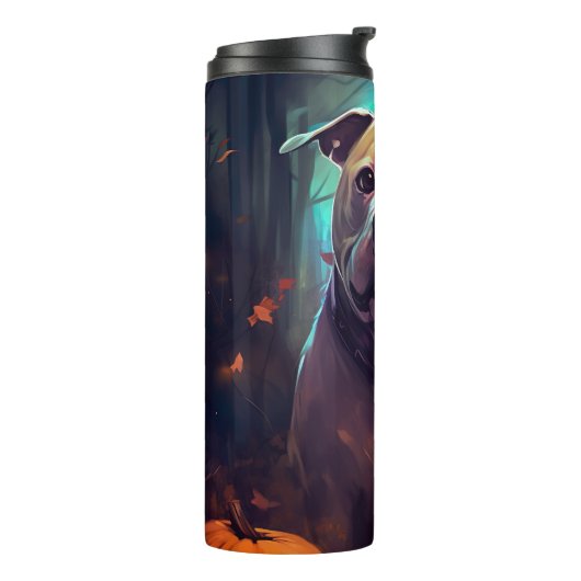 Halloween Pitbull met pompoenen eng Thermosbeker (Gedraaid links)